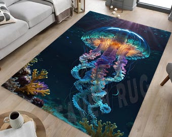 May include: A rectangular area rug featuring a vibrant underwater scene. The rug showcases a large, colorful jellyfish with blue, purple, and orange hues. Coral and other aquatic elements are also visible, creating a marine theme.
