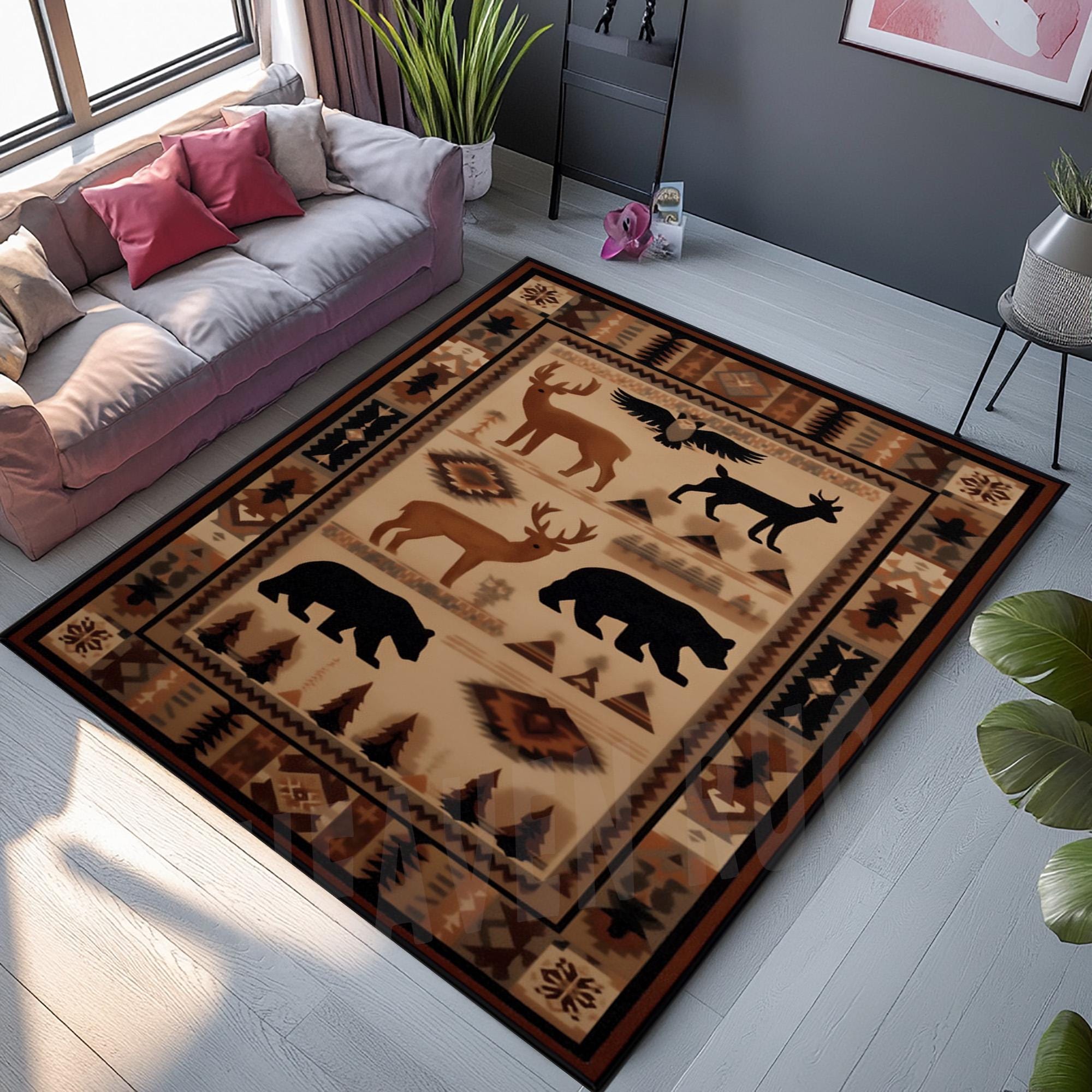 Woodland Animal Rug, Rustic Forest Rug, Cabin Style Rug, Tribal Nature ...