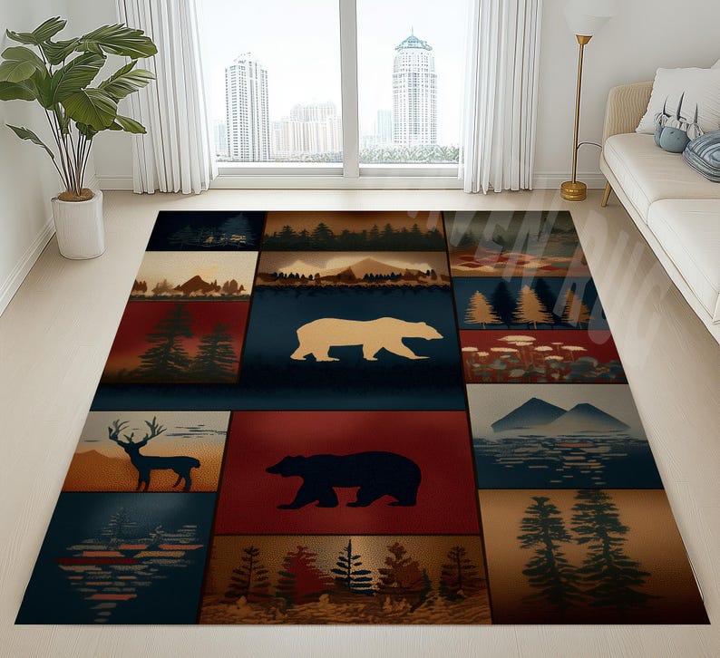 Pode incluir: Um tapete retangular com um design tem&aacute;tico da natureza. O tapete apresenta uma colagem de imagens, incluindo um urso, um veado, montanhas e &aacute;rvores em tons de castanho, vermelho e azul. O tapete &eacute; provavelmente feito de um material dur&aacute;vel.