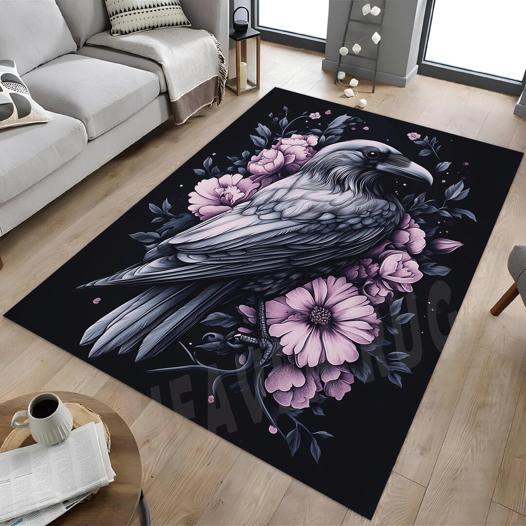 Crow and Purple Flowers Area Rug: Modern Bird Design - Etsy