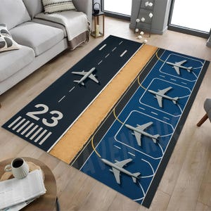 Blue Airfield Rug: Kids Airplane Play Mat, Runway Design