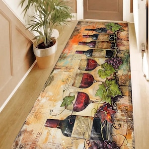 May include: A long runner rug with a vintage design featuring wine bottles, grapes, and wine glasses. The rug has a distressed, aged look with a light brown background and a variety of colors including red, green, and gold.