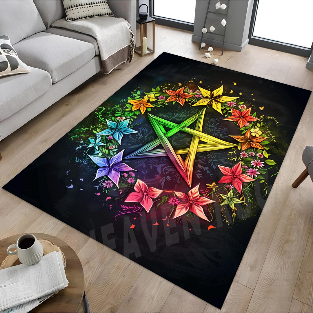 Pentagram Rug Design Pentagram Rug, Flowers Pentagram Rug, Neon Look Rug, Colorful Star Rug ...