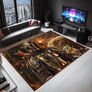 May include: Rectangular area rug featuring a detailed illustration of a character in a helmet and armor, with a small green creature. The rug has a space-themed background with planets and stars, and a brown border. The rug is placed on a light-colored wooden floor.