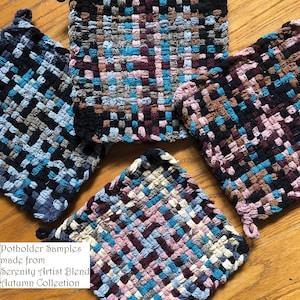 May include: Four woven pot holders in various colors, including black, brown, blue, pink, and cream. The pot holders are made from Serenity Artist Blend Autumn Collection yarn. The text "Potholder Samples made from Serenity Artist Blend Autumn Collection" is written on a white background.