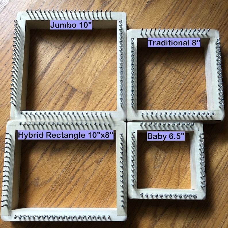 May include: Four wooden loom frames in different sizes, labeled "Jumbo 10", "Traditional 8", "Hybrid Rectangle 10"x8", and "Baby 6.5".