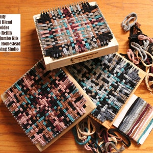 May include: Three wooden loom frames with colorful woven potholders. The looms are made by Serenity Artist Blend and include the text "Loop Refills and Jumbo Kits from Homestead Weaving Studio".