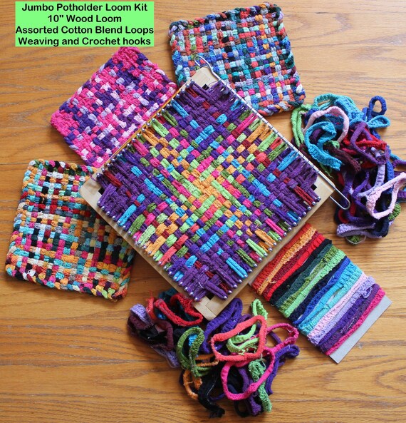 HearthSong Hook and Loop Potholder Set with Loom, Weaving Hook, and 115  Cotton Loops for Three Potholders