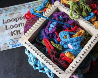 Potholder loom kit, TRADITIONAL 8" wooden square, colored cotton  blend loops, weave, create, gifts, rugs, recycle