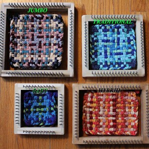 May include: Four wooden weaving looms with different sizes labeled "Jumbo", "Traditional", "Baby", and "Hybrid". Each loom has a woven fabric inside, with different colors and patterns.