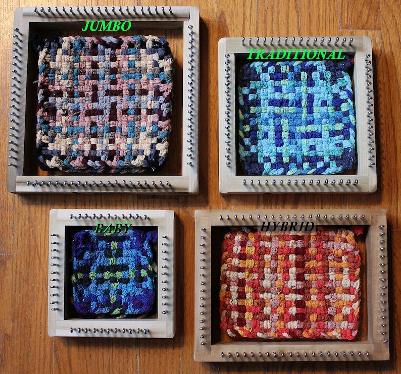 May include: Four wooden weaving looms with different sizes labeled "Jumbo", "Traditional", "Baby", and "Hybrid". Each loom has a woven fabric inside, with different colors and patterns.