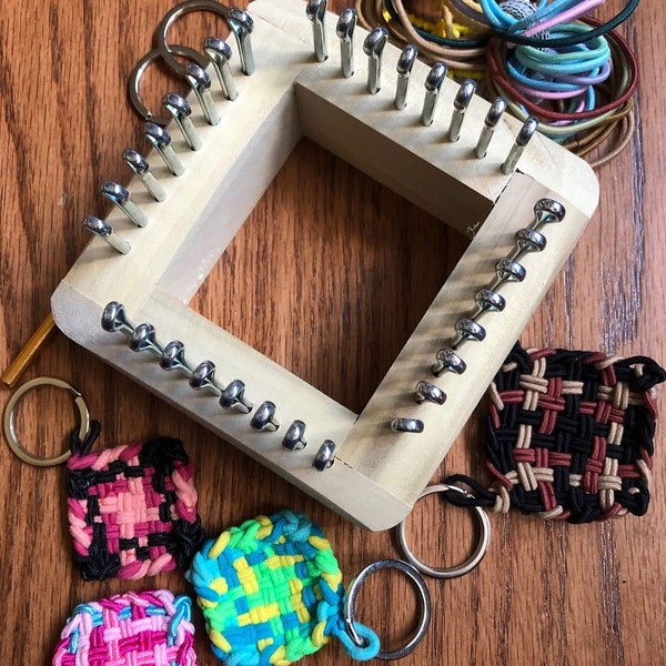 Min-E loom KIT, 4" wooden square, hook, colored elastics, hanging rings, weave, create miniature potholders! Relaxing art therapy!