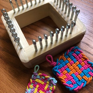 Min-E weaving loom, wood, 4&quot; 8-pin, smallest size, safe, makes miniature potholders. Loom only. Use with hair elastics, loops or yarn.