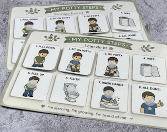 May include: Two rectangular My Potty Steps boards with eight square tiles each. The tiles feature illustrations and text steps: 1. Pull Down, 2. Sit On Potty, 3. Go Potty, 4. Wipe, 5. Pull Up, 6. Flush, 7. Wash Hands, 8. All Done! The boards include the text I'm learning. I'm growing. I'm proud of me!