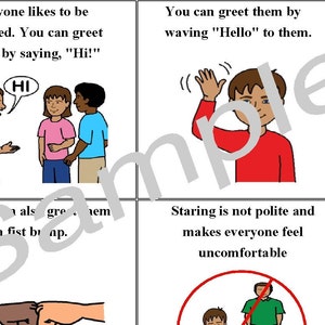 May include: A four-panel illustration with text and cartoon figures. The panels show ways to greet people, including saying "Hi!" and waving. One panel shows a fist bump, and another shows a person being crossed out, with the text "Staring is not polite."