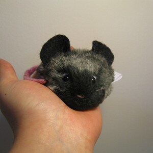 May include: A small, gray and black plush mouse toy with pink ears and a white tail. The mouse is sitting in the palm of a hand.