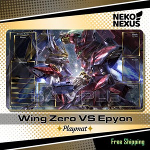 May include: A rectangular playmat featuring a dynamic illustration of Wing Zero versus Epyon. The design includes designated areas for gameplay, with text labels like "Shield Area" and "Deck Area." The mat has a vibrant color scheme with a "SAMPLE" watermark.