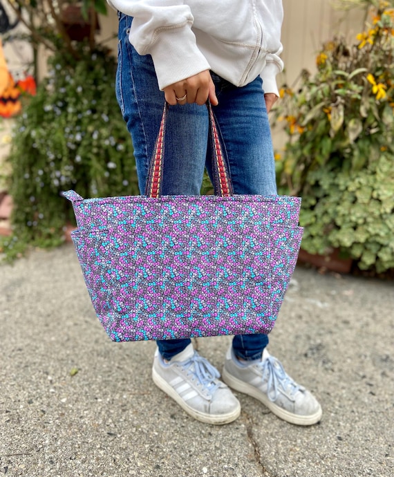 Large Tote Bag With Large Side Pockets and Zipper Top Hard Bottom Double Lined Cotton Fabric Handmade Etsy