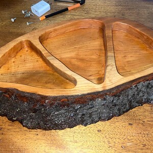 Handcrafted Triple Cherry Wood Dish With Real Bark