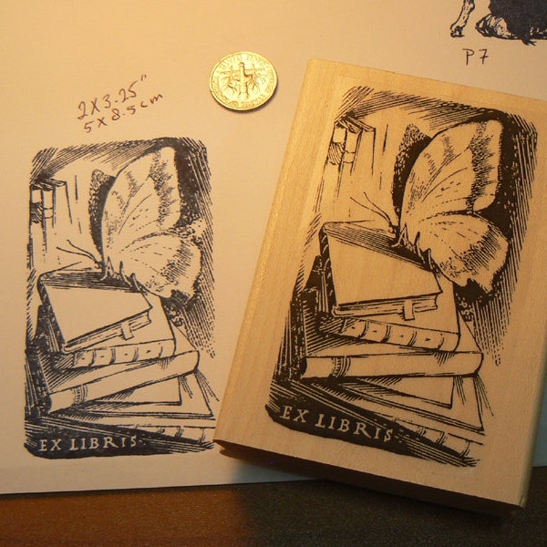 Ex libris butterfly on books rubber stamp P7