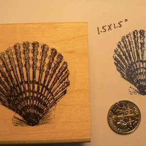 Op de afbeelding: Een houten stempel met een zwart-wit afbeelding van een schelp. De stempel is 1,5 inch bij 1,5 inch.