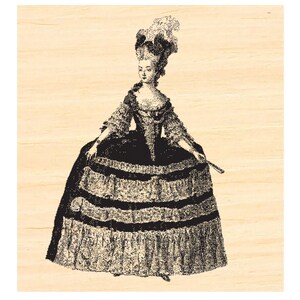 May include: A black and white illustration of a woman in a large, layered dress and a feathered hat. The woman is holding a fan in her right hand.