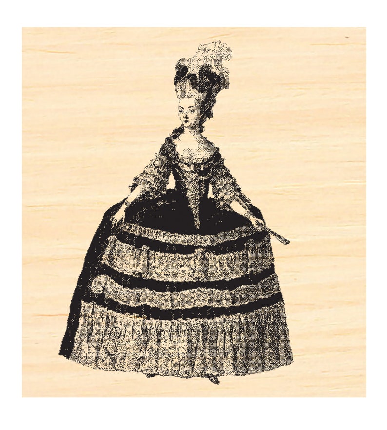May include: A black and white illustration of a woman in a large, layered dress and a feathered hat. The woman is holding a fan in her right hand.