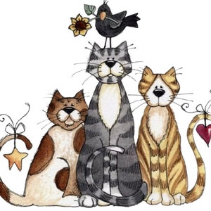 Tampon en caoutchouc 3 chats de style campagnard avec corbeau - Transparent