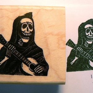 P46 The Grim reaper- skull-  las posadas-  playing guitar skeleton, rubber stamp