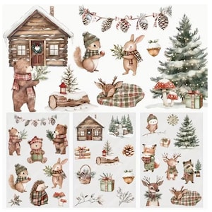 May include: Watercolor illustrations of woodland creatures and winter scenes. The image features a log cabin, bears, rabbits, deer, squirrels, and other animals, all adorned with scarves and hats. Pine trees, mushrooms, and gift boxes are also included.