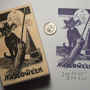 Halloween postcard, vintage cat with broom rubber stamp P5 image 1
