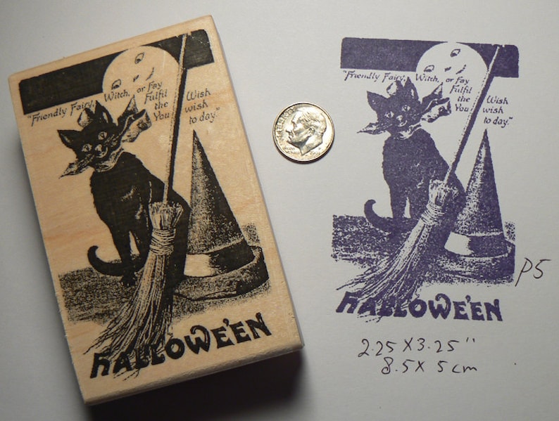 Halloween postcard, vintage cat with broom rubber stamp P5 image 1