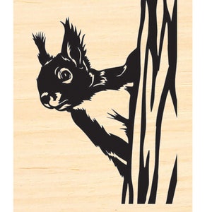 P132 Rubberstempel eekhoorn gluurt achter boom-L