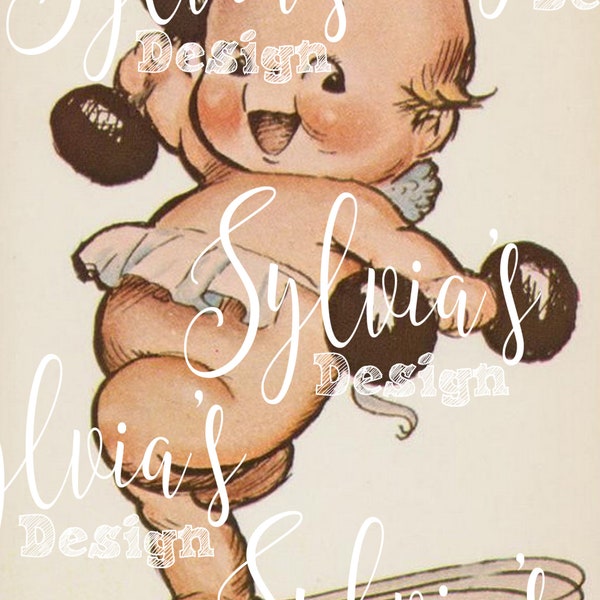 Kewpie weight lifting vintage digital image instant download