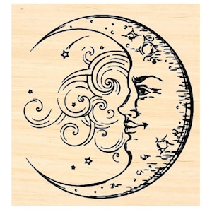Puede incluir: Una ilustración en blanco y negro de una luna creciente con una cara y nubes en espiral. La luna está rodeada de pequeñas estrellas.