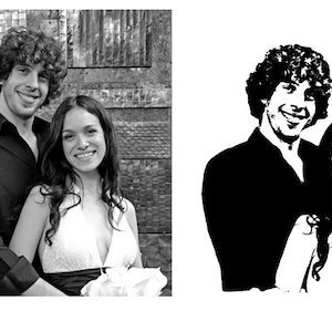 May include: A side-by-side comparison showing a black and white photograph of a couple on the left and a high-contrast black and white stencil-style graphic illustration of the same couple on the right, featuring their facial features and hair.