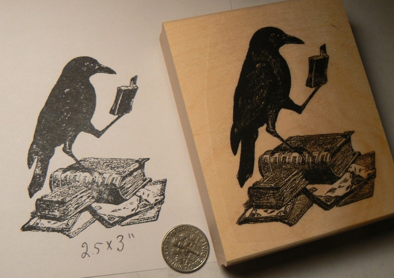 Crow reading a book rubber stamp P51 image 1