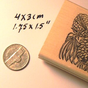 Puede incluir: Un sello de madera con la letra "T" e ilustraciones de piñas. El sello mide 4 x 3 cm. También se ve una impresión estampada y una moneda.