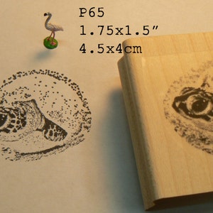 May include: A wooden stamp with a black and white image of a turtle's head. The stamp is 1.75 inches by 1.5 inches and is labeled "P65".