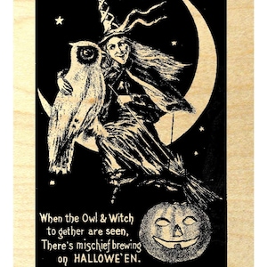 Sello de goma con postal de bruja de Halloween con búho en la luna WM P5