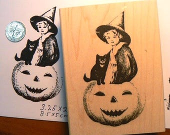 Halloween rubber stamp girl on pumpkin with cat WM P6
