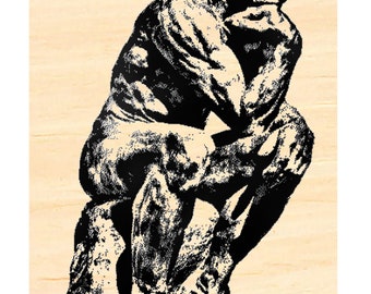 Könnte beinhalten: Eine schwarz-weiße Silhouette einer Skulptur eines Mannes, der mit dem Kinn auf der Hand sitzt, in einer nachdenklichen Pose.