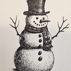 May include: A black and white illustration of a snowman. The snowman has a top hat, scarf, and twig arms. It has a carrot nose and coal eyes and buttons. The snowman is a classic winter holiday decoration.