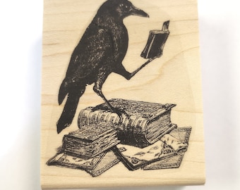 Crow reading a book rubber stamp P51