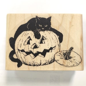 May include: A black cat sitting on top of a carved wooden jack-o'-lantern. The jack-o'-lantern has a wide, toothy grin and a small pumpkin beside it.