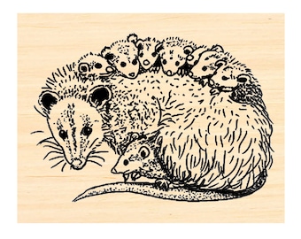 P137 Possum mother with babies rubber stamp