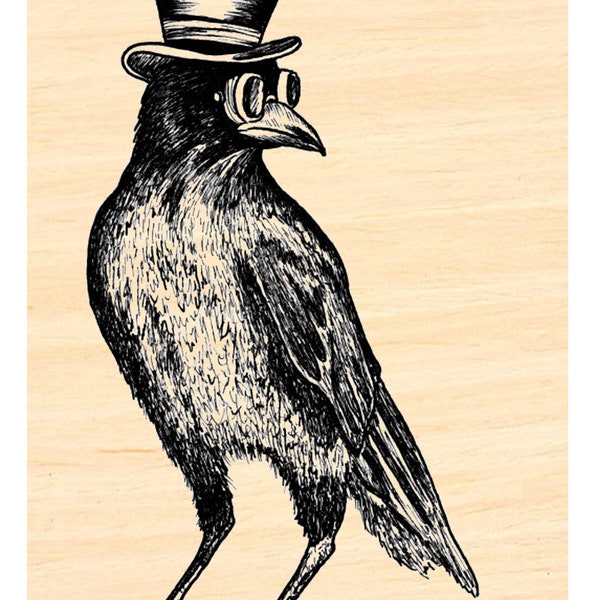 P121 Steampunk Black Crow with top hat rubber stamp