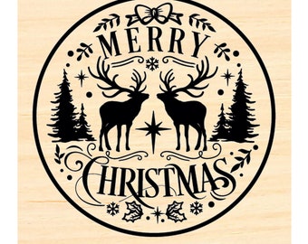 P141 Merry Christmas Deer - Seal- Style Rubber Stamp