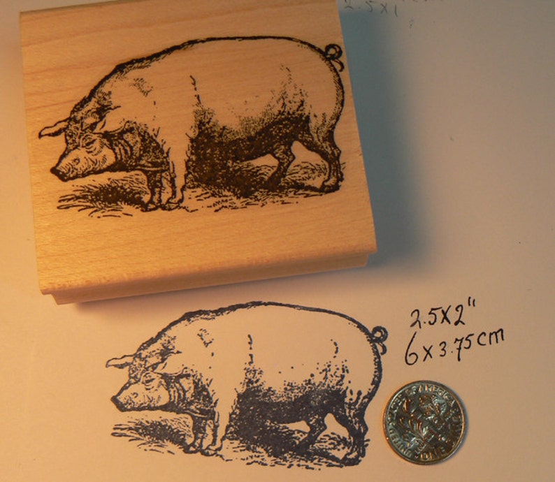 Pig rubber stamp, vintage style wood mounted P10 image 1