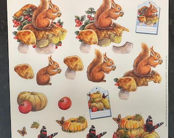 Vintage squirrels with pumpkins and butterflies- paper cutting 3D art- greeting card making paper